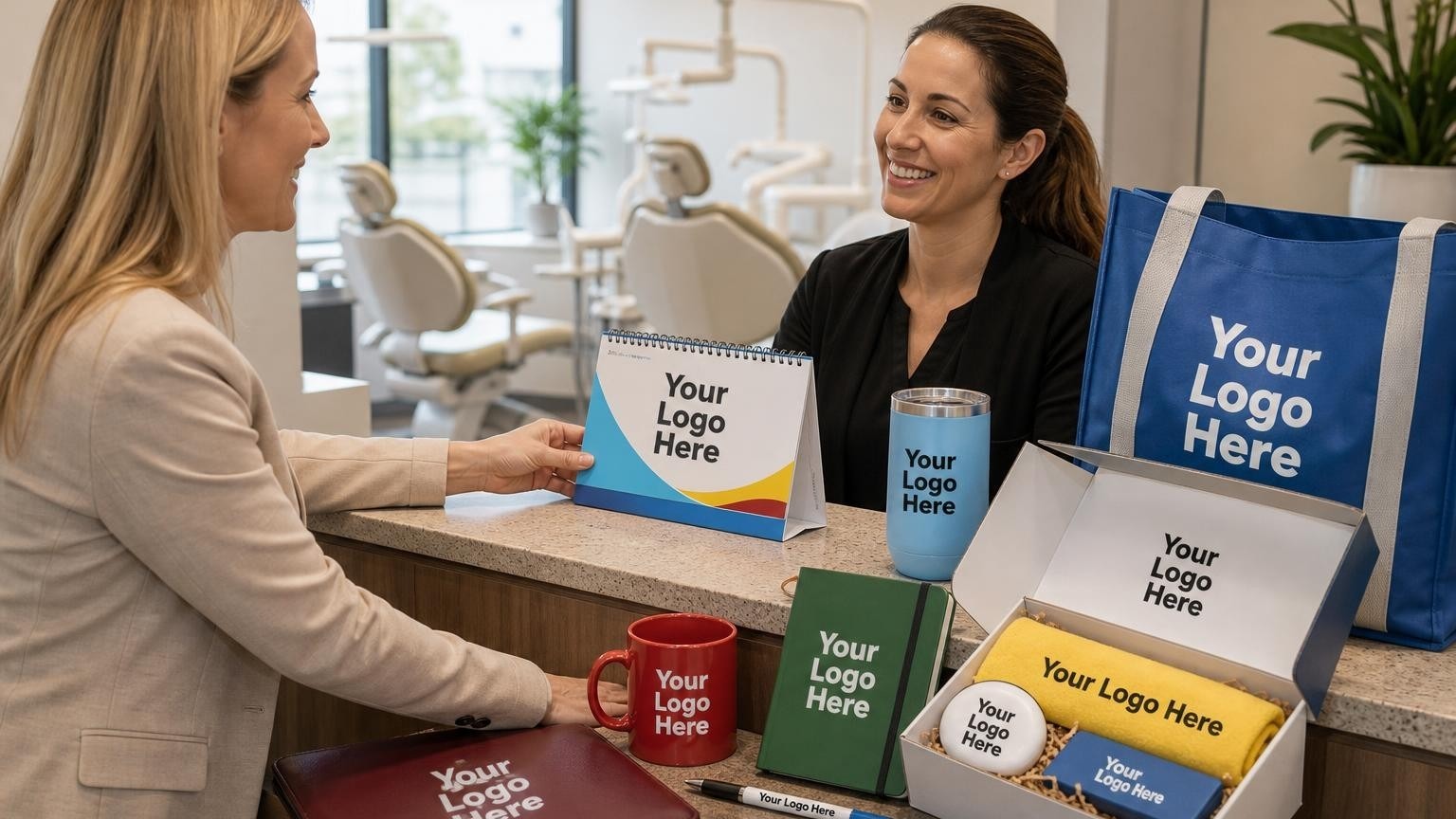 A custom desk calendar being handed over at a dental practice reception counter.