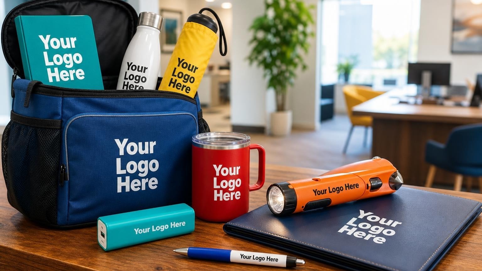 A custom safety flashlight resting on a policy folder on an insurance agency counter.