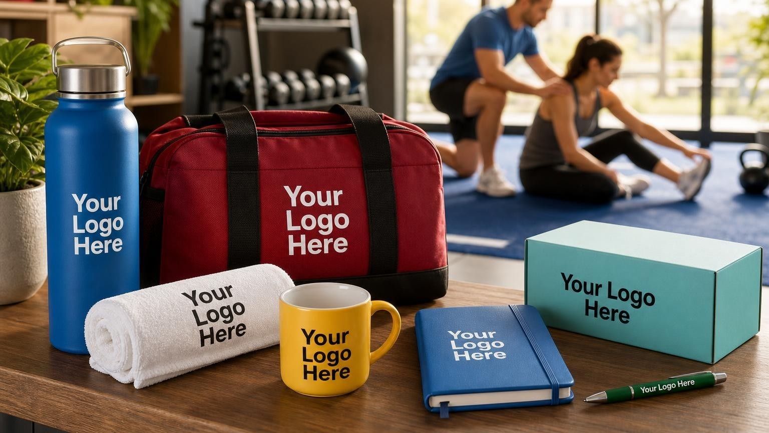 A high-quality custom sports bottle and microfiber gym towel on a wooden bench inside a boutique fitness studio, with a trainer and client stretching in the blurred background.