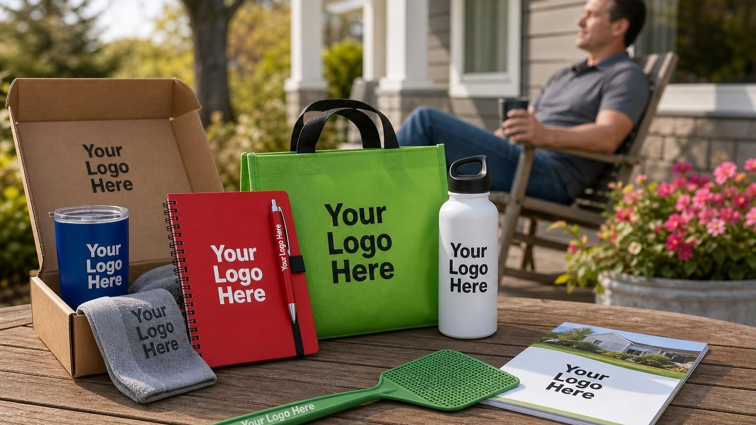 A custom branded fly swatter resting on an outdoor patio table next to a pest prevention brochure.