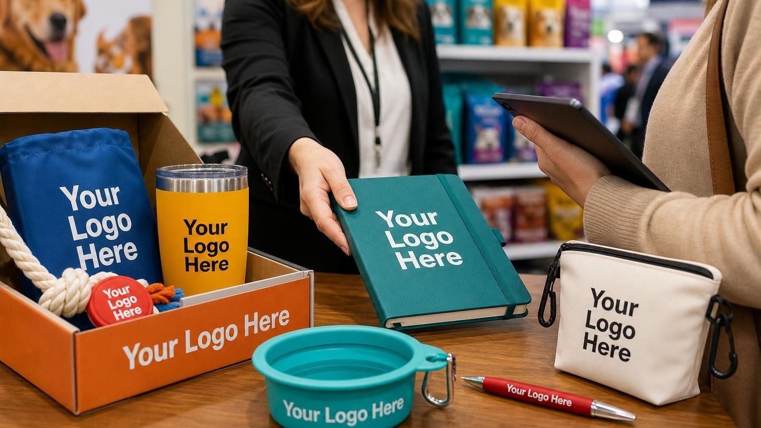 A custom collapsible silicone pet bowl, debossed journal, and metal pen on a wooden table at a pet trade show booth, with a representative handing the journal to a retail buyer.