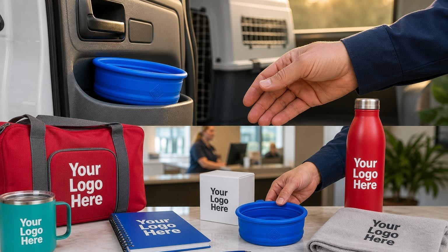 A custom blue collapsible silicone pet bowl placed in a transport vehicle door pocket, with a blurred pet travel crate in the background.
