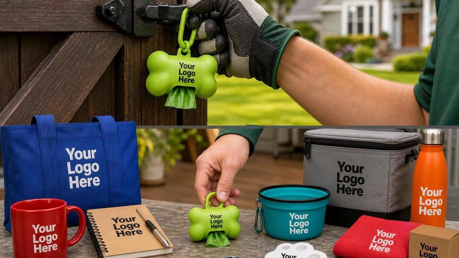 A custom-branded pet waste bag dispenser clipped to a clean residential backyard gate latch.