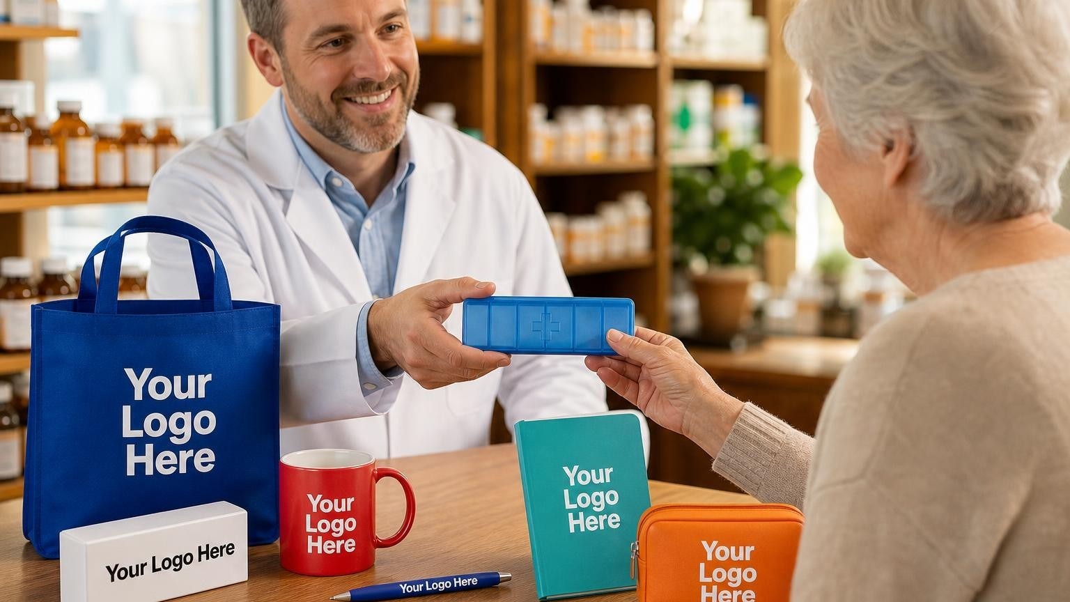 A pharmacist handing a custom seven-day pill organizer to an elderly patient over a pharmacy counter.