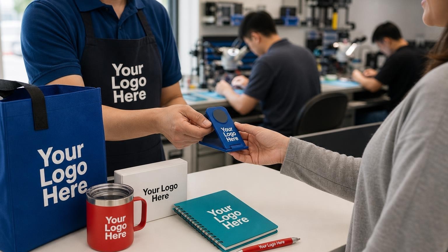 A custom smart phone accessory on a phone repair shop counter with technicians working in the blurred background.