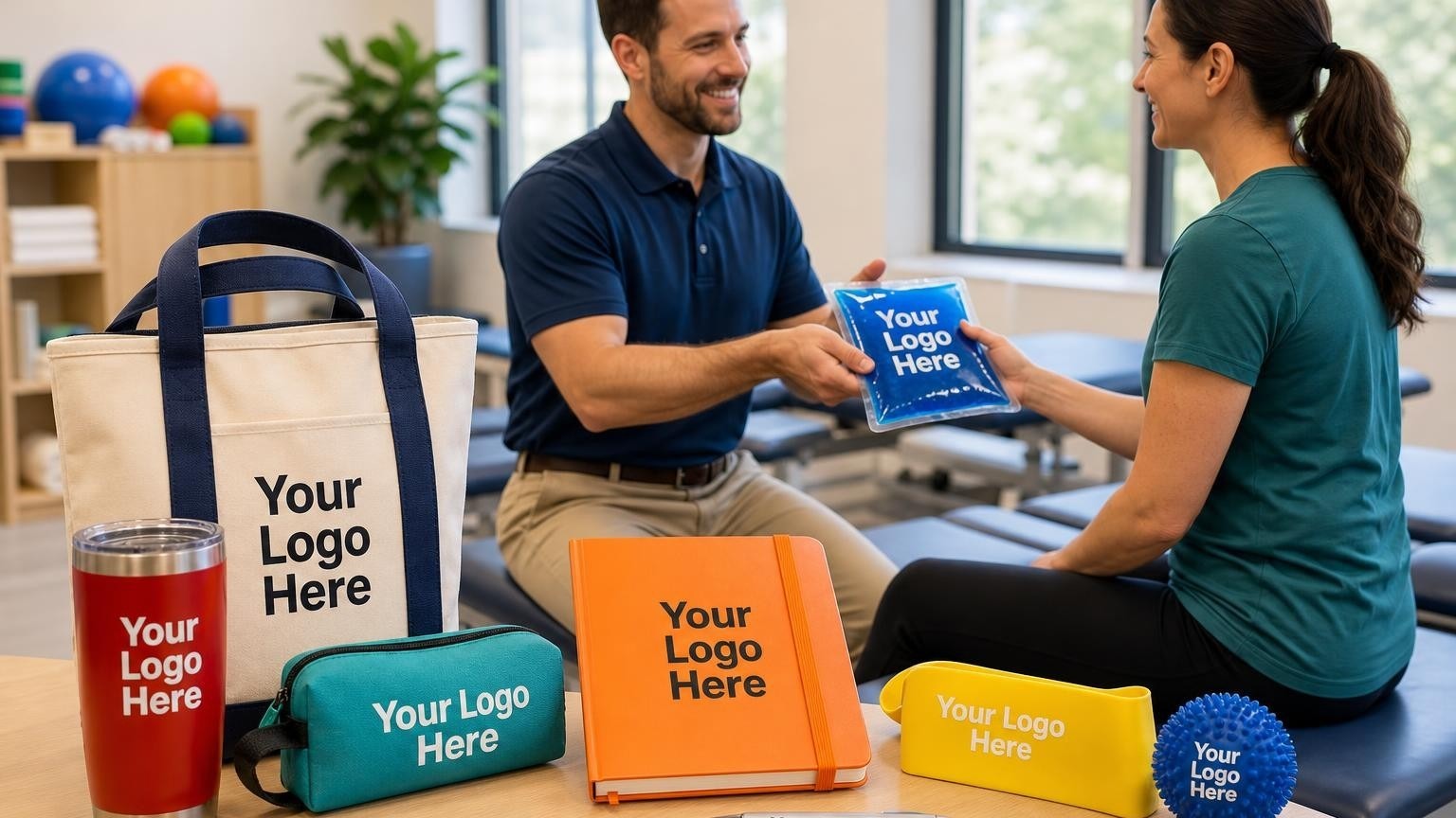 A physical therapist handing a custom-branded blue gel ice pack to a patient in a bright outpatient rehabilitation clinic.