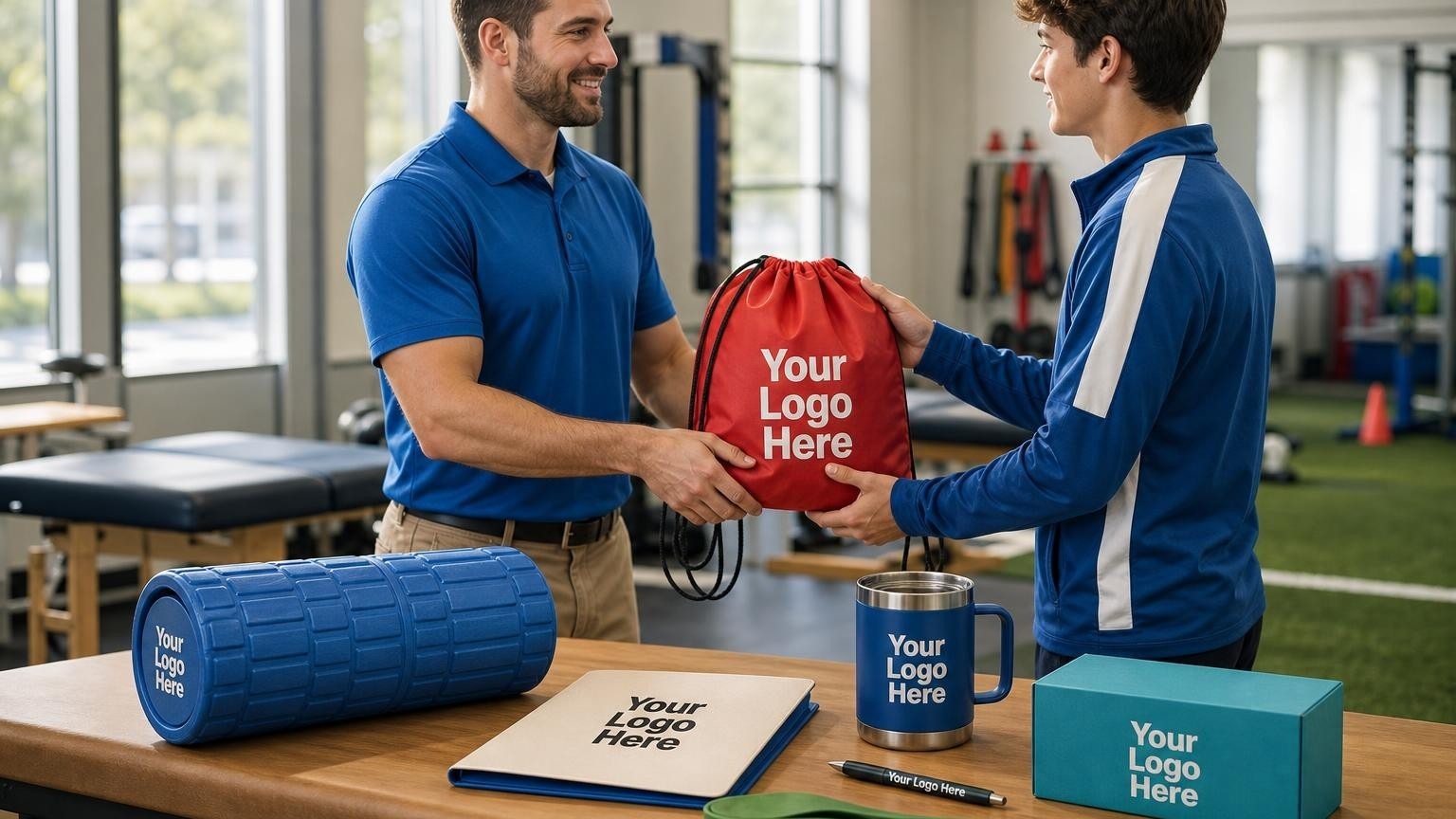 A custom foam roller and drawstring bag being handed to an athlete in a sports physical therapy clinic.