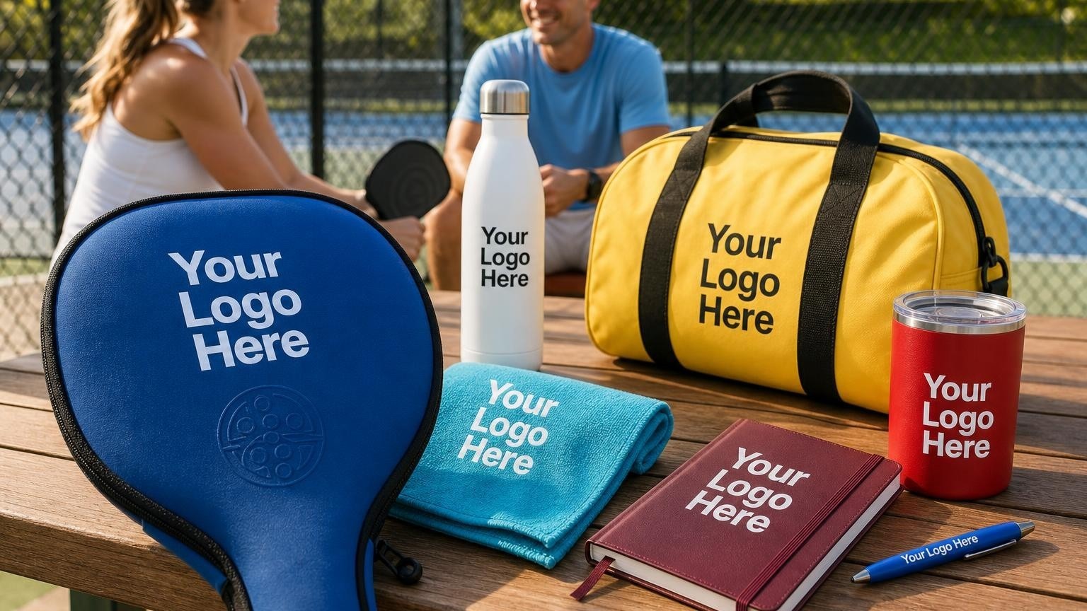 A custom neoprene paddle cover and folded court towel resting on a wooden bench next to a pickleball court.