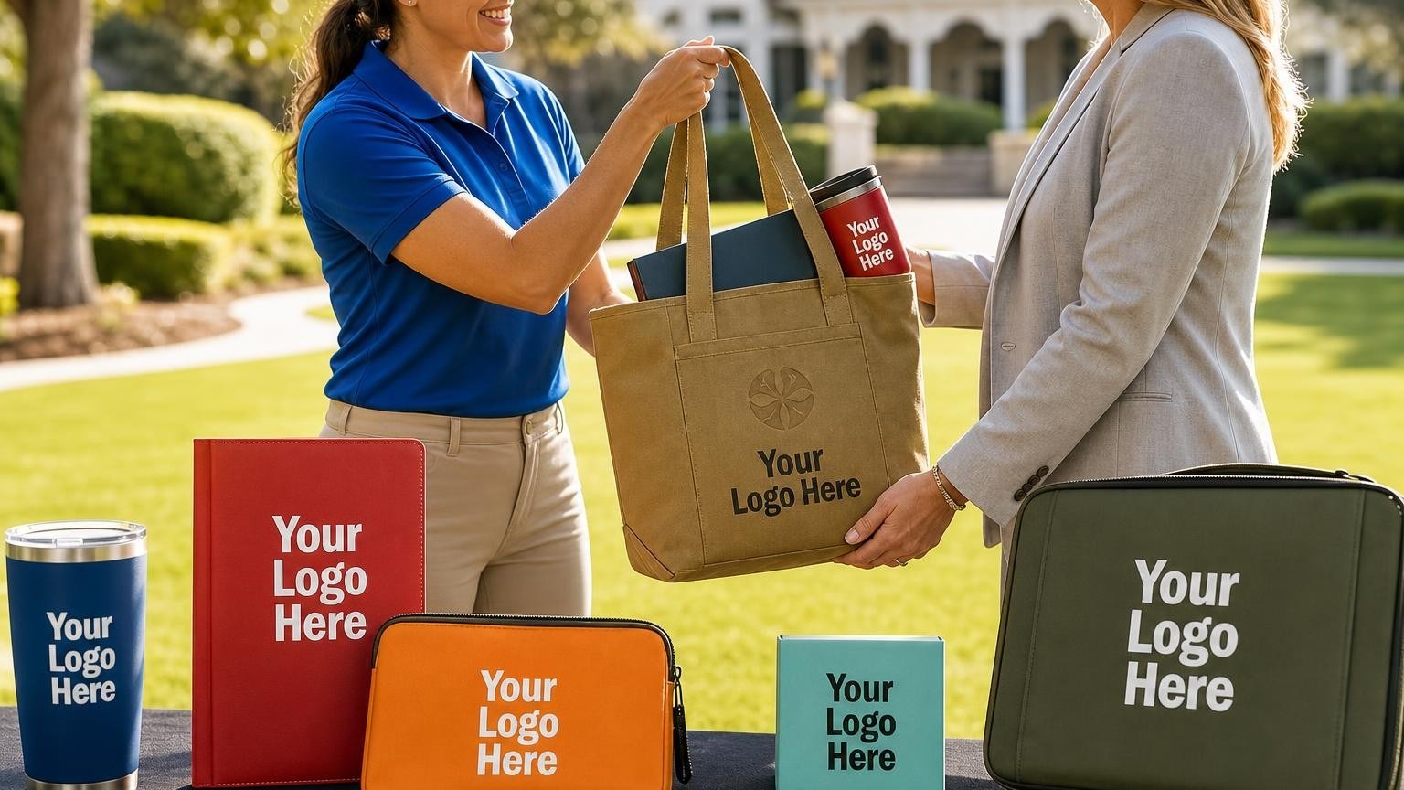 An event planner handing a custom canvas welcome tote to a corporate executive during an outdoor site walkthrough.