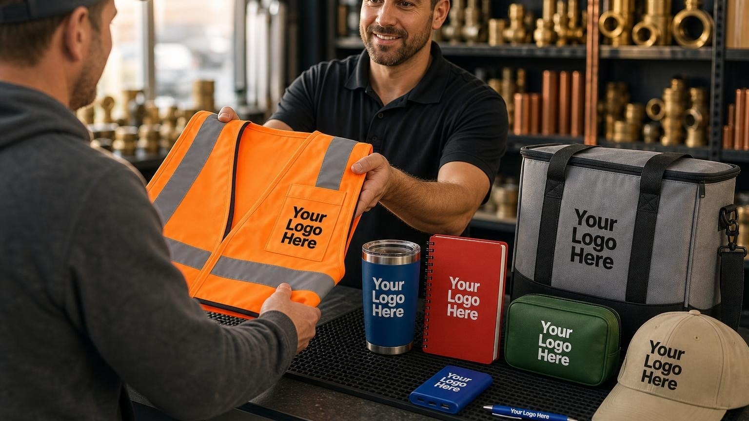 A professional counter rep handing a custom high-visibility safety vest to a contractor over a plumbing supply house counter.