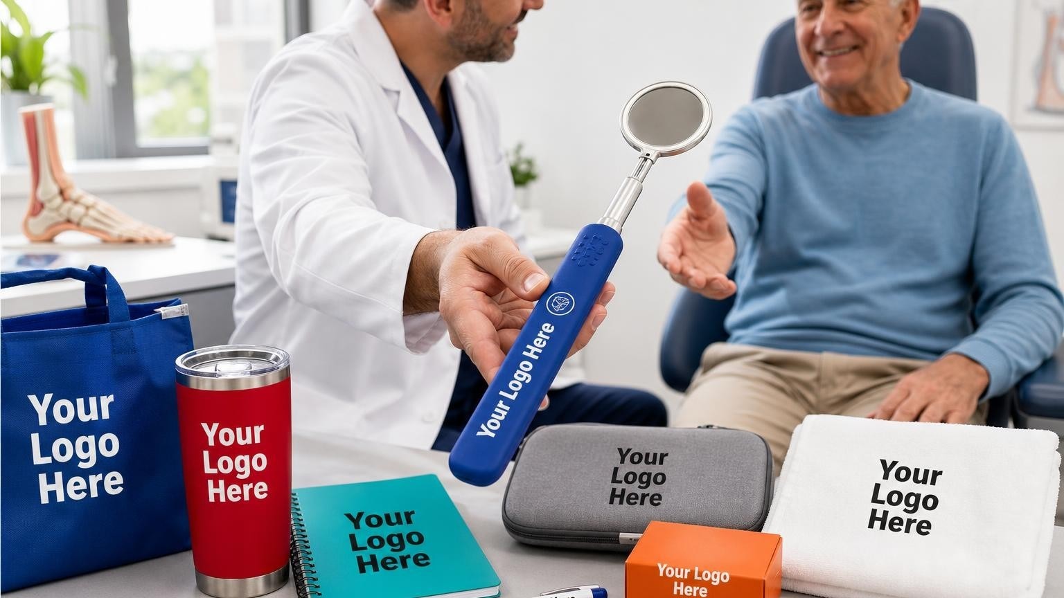 A podiatrist handing a custom telescopic foot inspection mirror to an elderly patient in a bright clinic exam room.
