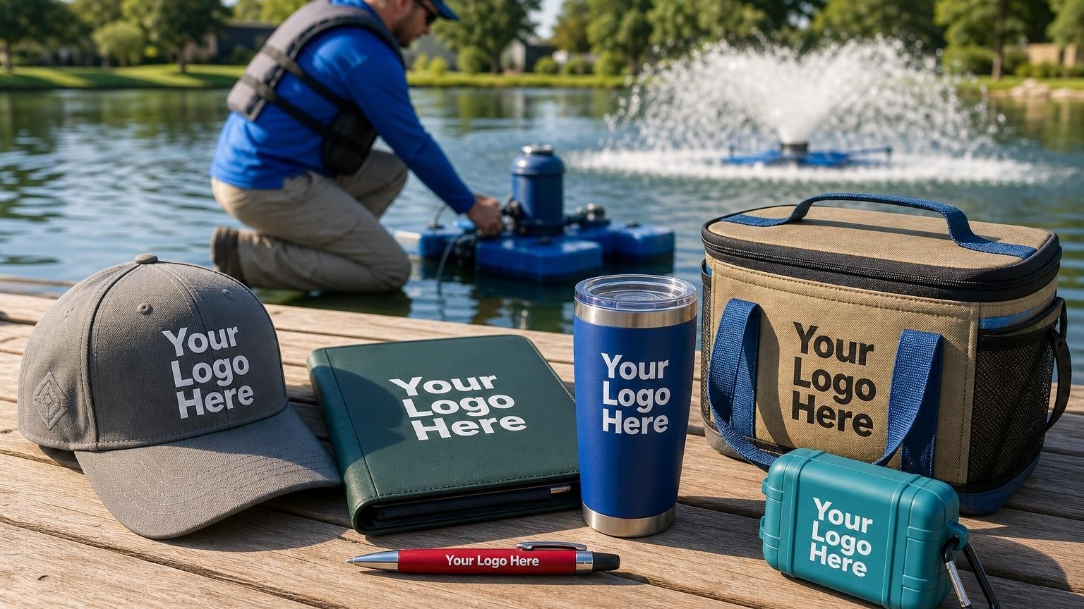 A custom structured cap and weather-resistant folder resting on a wooden dock with a pond technician servicing a lake aerator in the background.