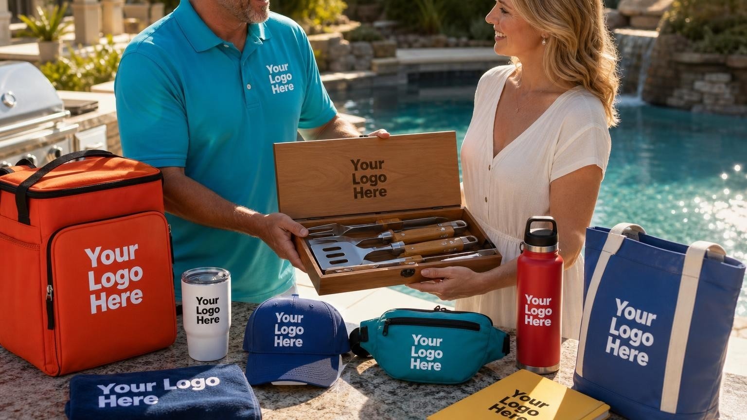 A premium custom barbecue tool set being handed to a homeowner next to a newly completed backyard swimming pool.