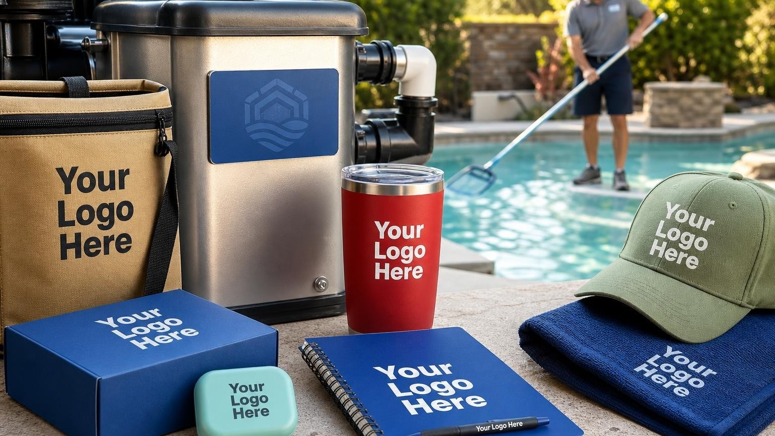 A custom magnetic service card placed on a pool pump housing with a technician servicing a swimming pool in the background.