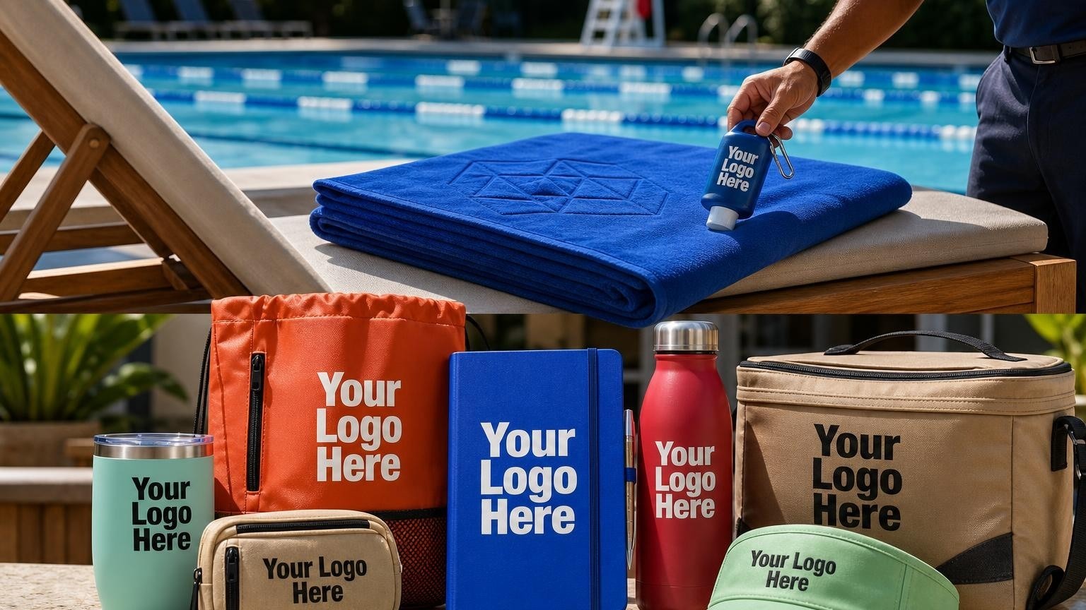 A custom blue microfiber beach towel and travel sunscreen bottle arranged on a wooden lounge chair poolside at a private swim club.