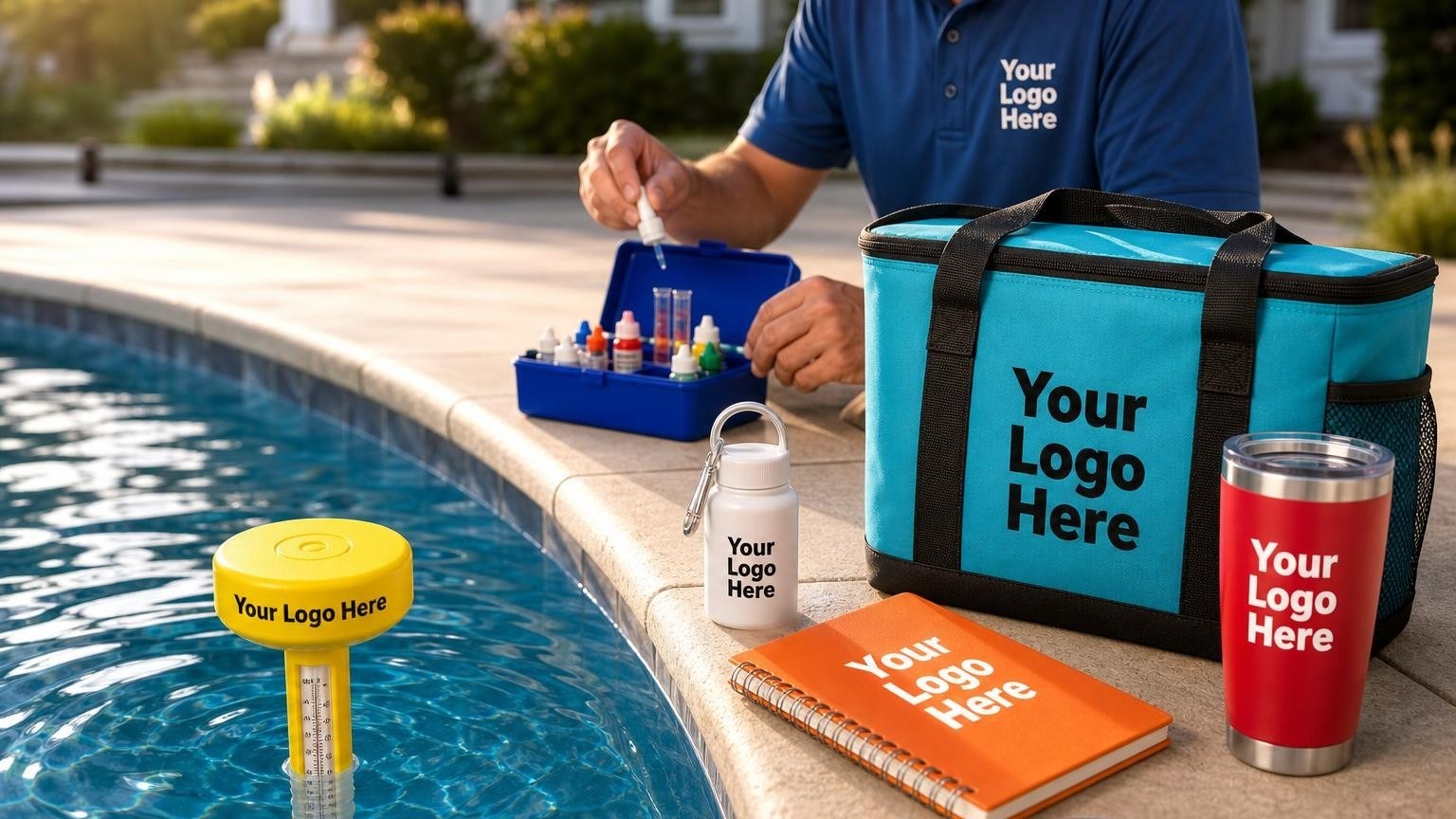 A custom floating pool thermometer in a clear blue swimming pool with a technician working in the background.