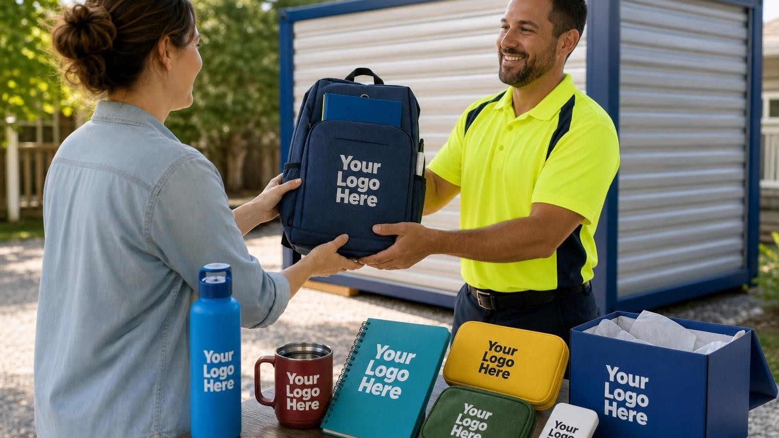 A professional delivery driver handing a custom welcome kit backpack to a homeowner on a driveway next to a mobile storage container.