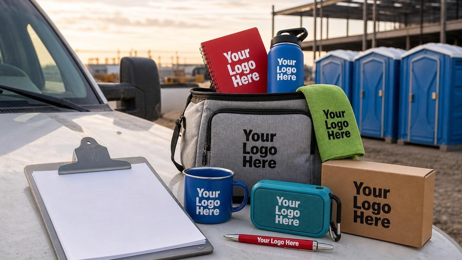A custom aluminum storage clipboard holding paperwork on the hood of a vacuum service truck at a construction site with portable restrooms in the background.