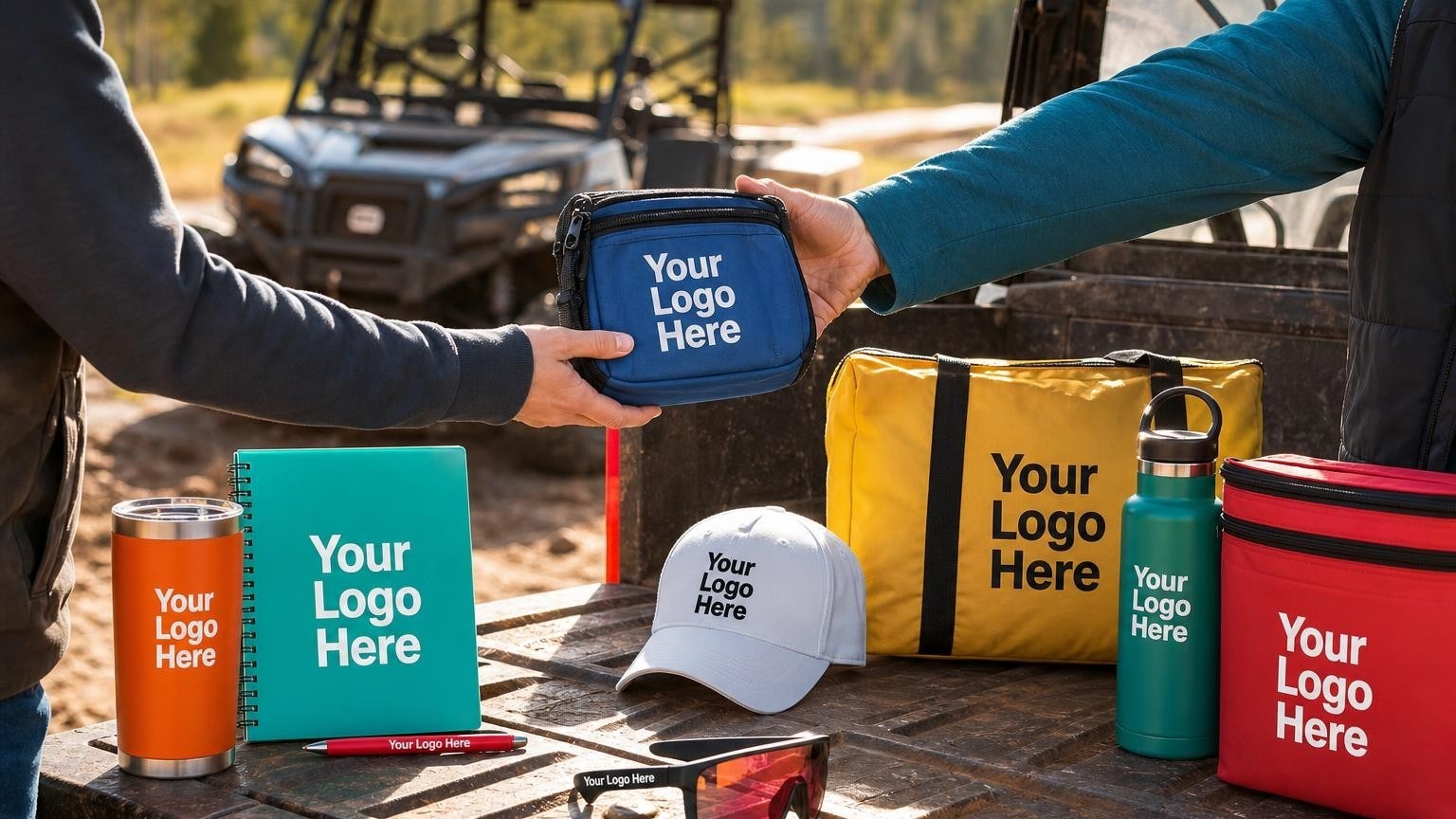A custom-branded water-resistant utility pouch containing a tire pressure gauge and vehicle manual on a trailer tailgate at an off-road trailhead.