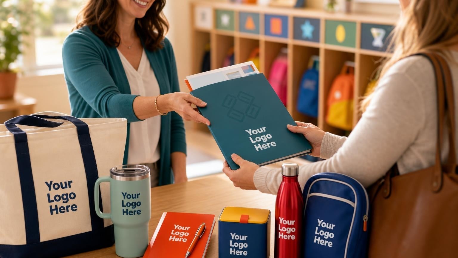 A custom-printed pocket folder with a subtle geometric emblem on a preschool reception desk, with colorful cubbies softly blurred in the background.