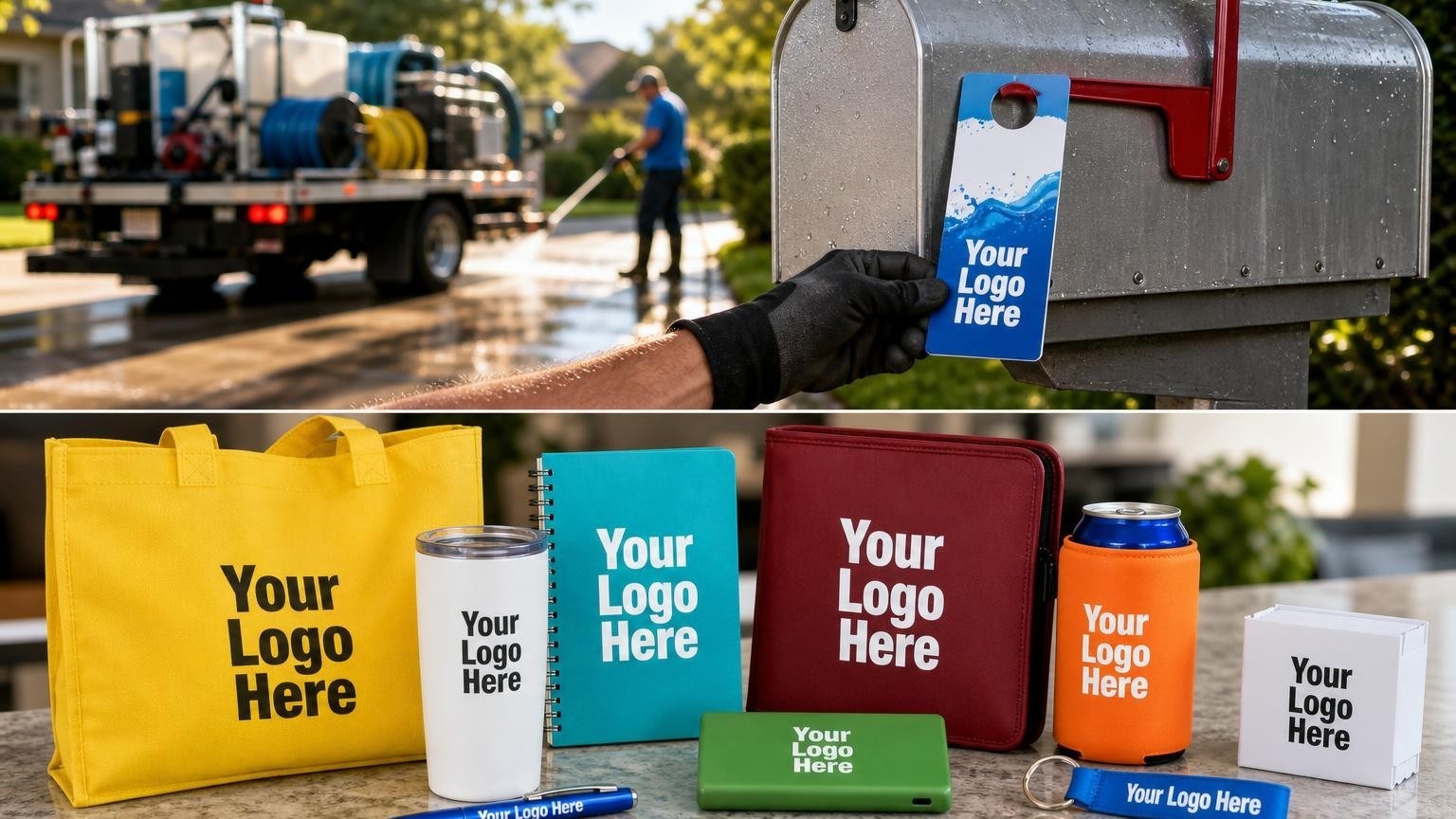 A pressure washing technician placing a custom magnetic door hanger on a metal mailbox next to a clean driveway.