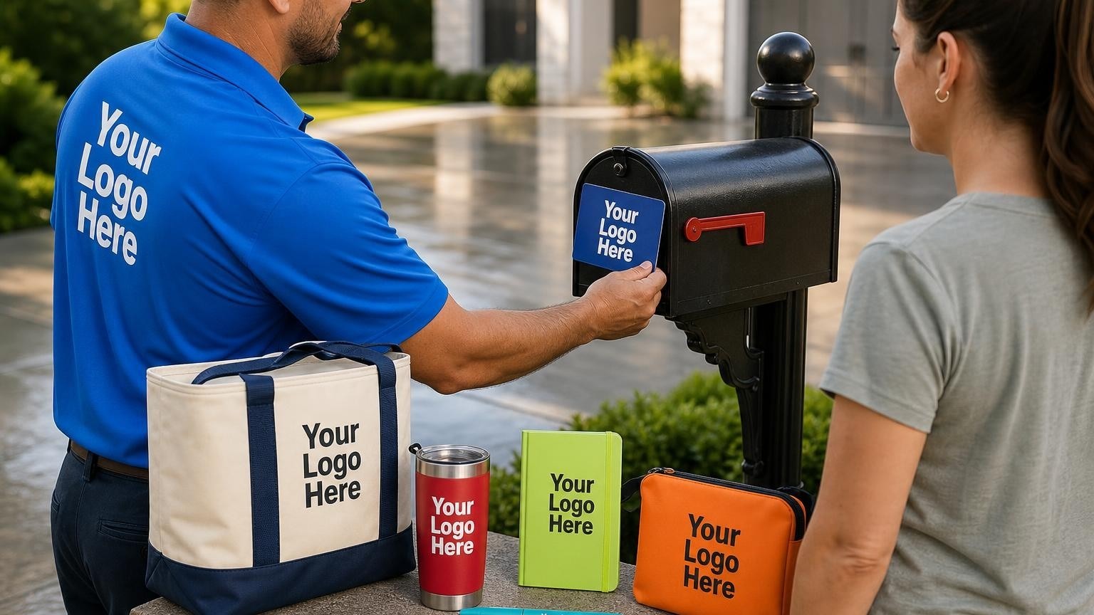 A technician placing a custom promotional magnet onto a metal mailbox post in front of a clean driveway.