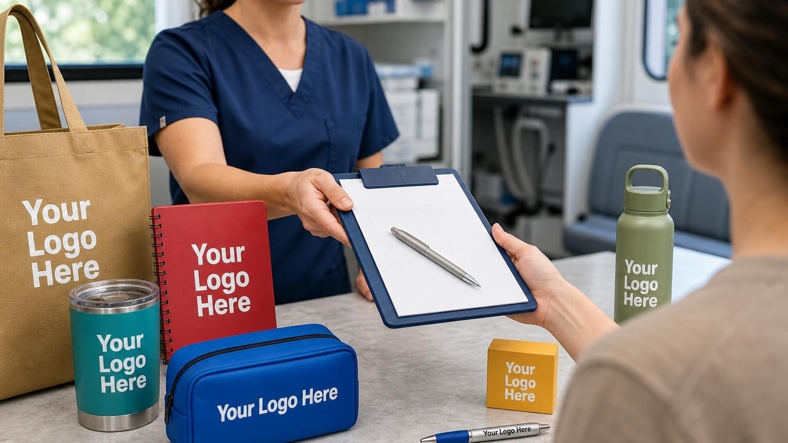 A custom blue clipboard and silver pen being handed to a participant inside a mobile health screening van.