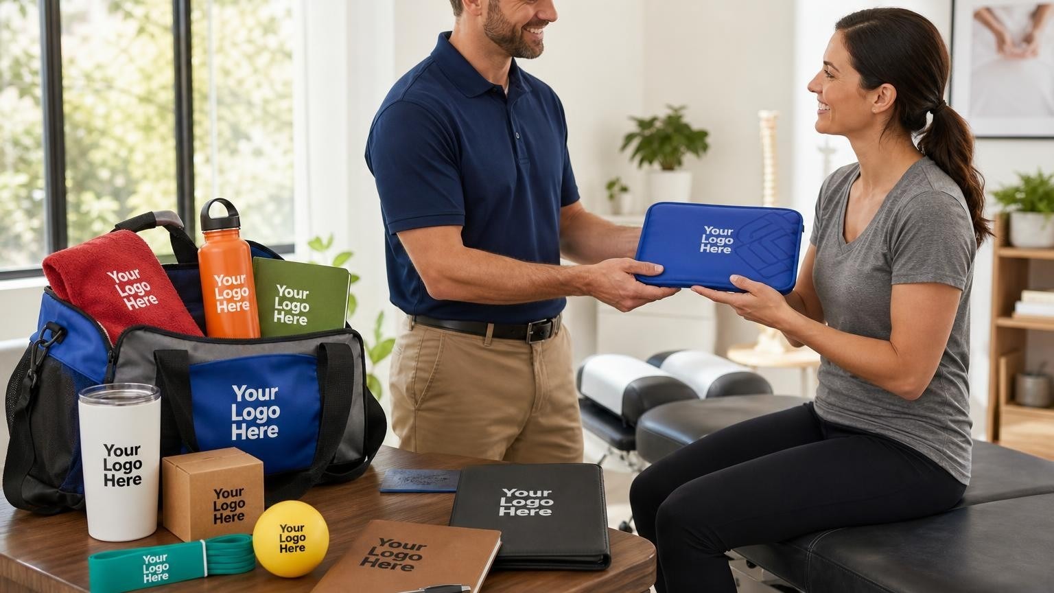 A custom dual-temperature gel pack being handed to a patient in a modern chiropractic clinic.