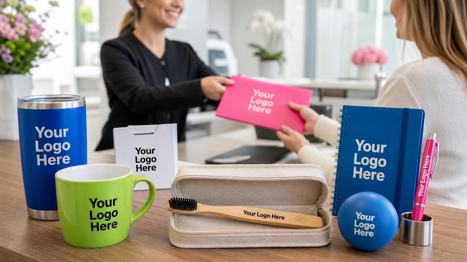 A custom bamboo toothbrush inside a branded canvas pouch on a dental office counter with a coordinator and patient in the background.