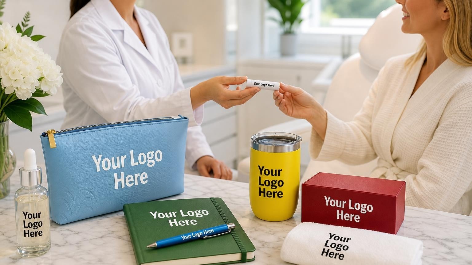 An elegant zippered cosmetic pouch and customized lip balm being handed to a patient in a sunlit dermatology clinic.