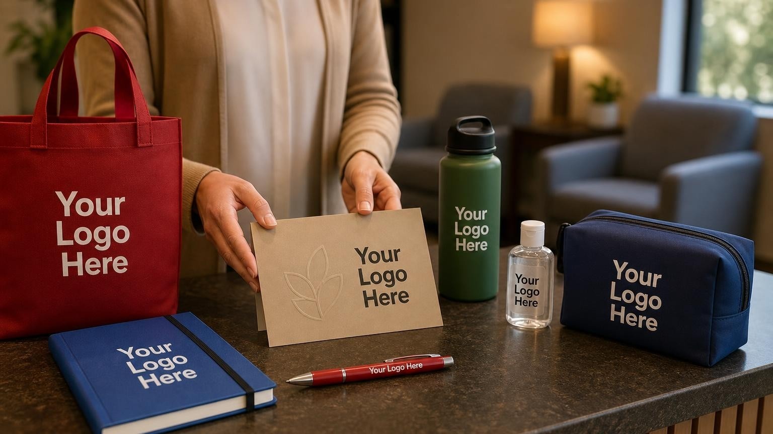 A high-quality custom greeting card and minimalist hand sanitizer bottle on a dark wood desk in a warm, calming private practice therapy waiting room.