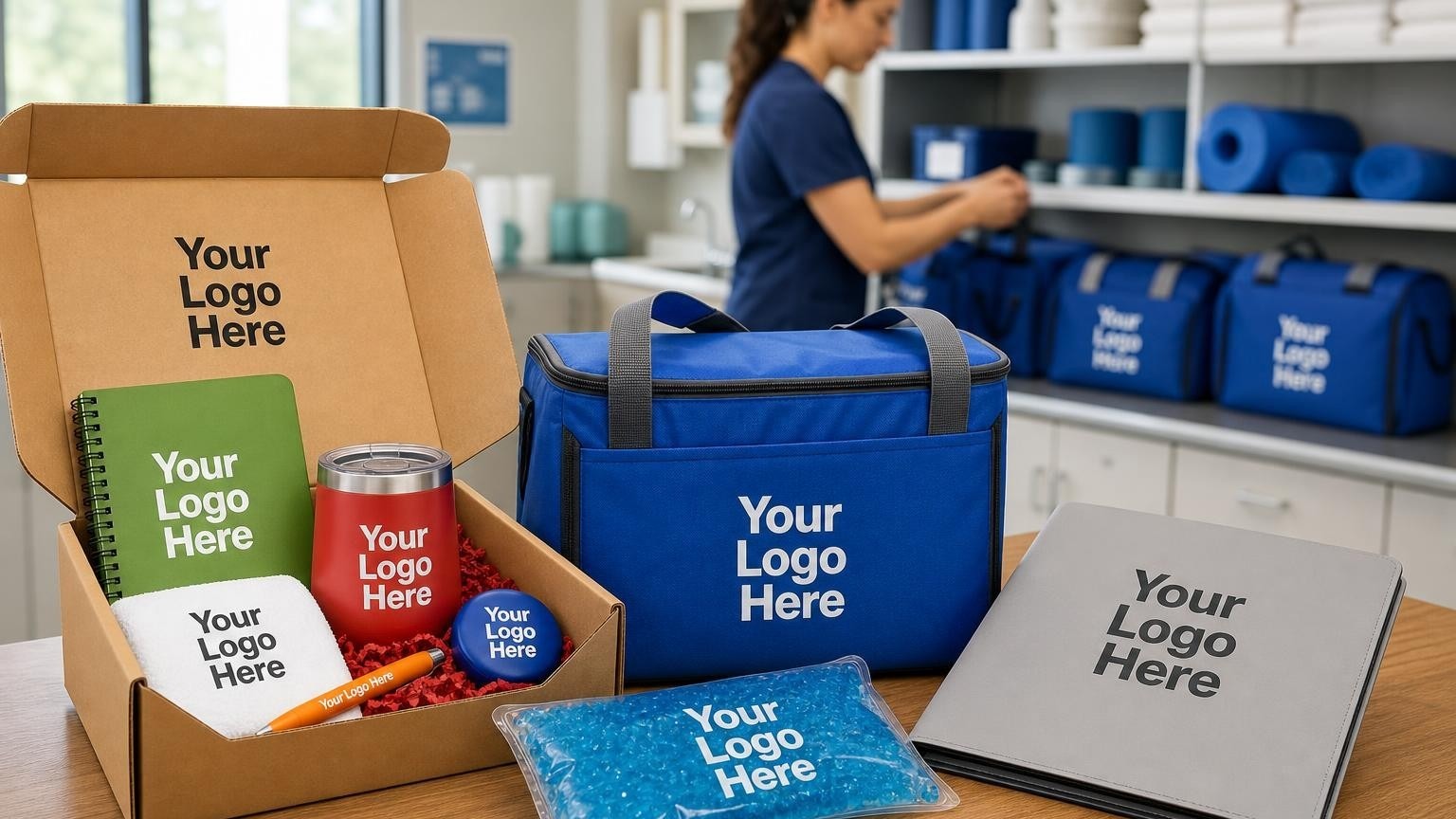A branded gel cold therapy pack and patient discharge folder on a counter in an orthopedic clinic.