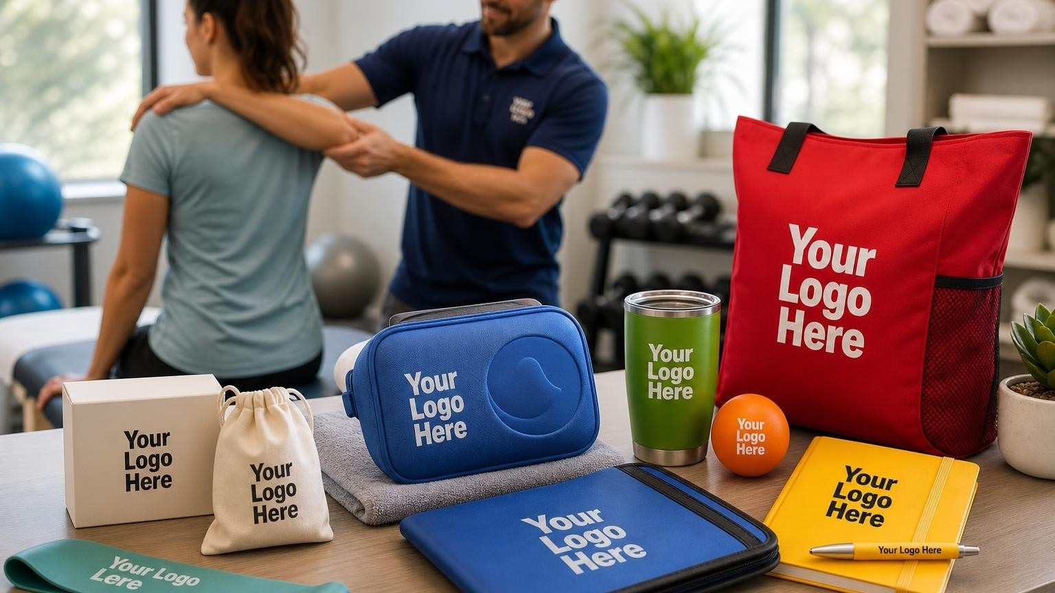 A custom reusable ice pack with a subtle debossed emblem resting on a treatment table in a bright boutique physical therapy clinic.