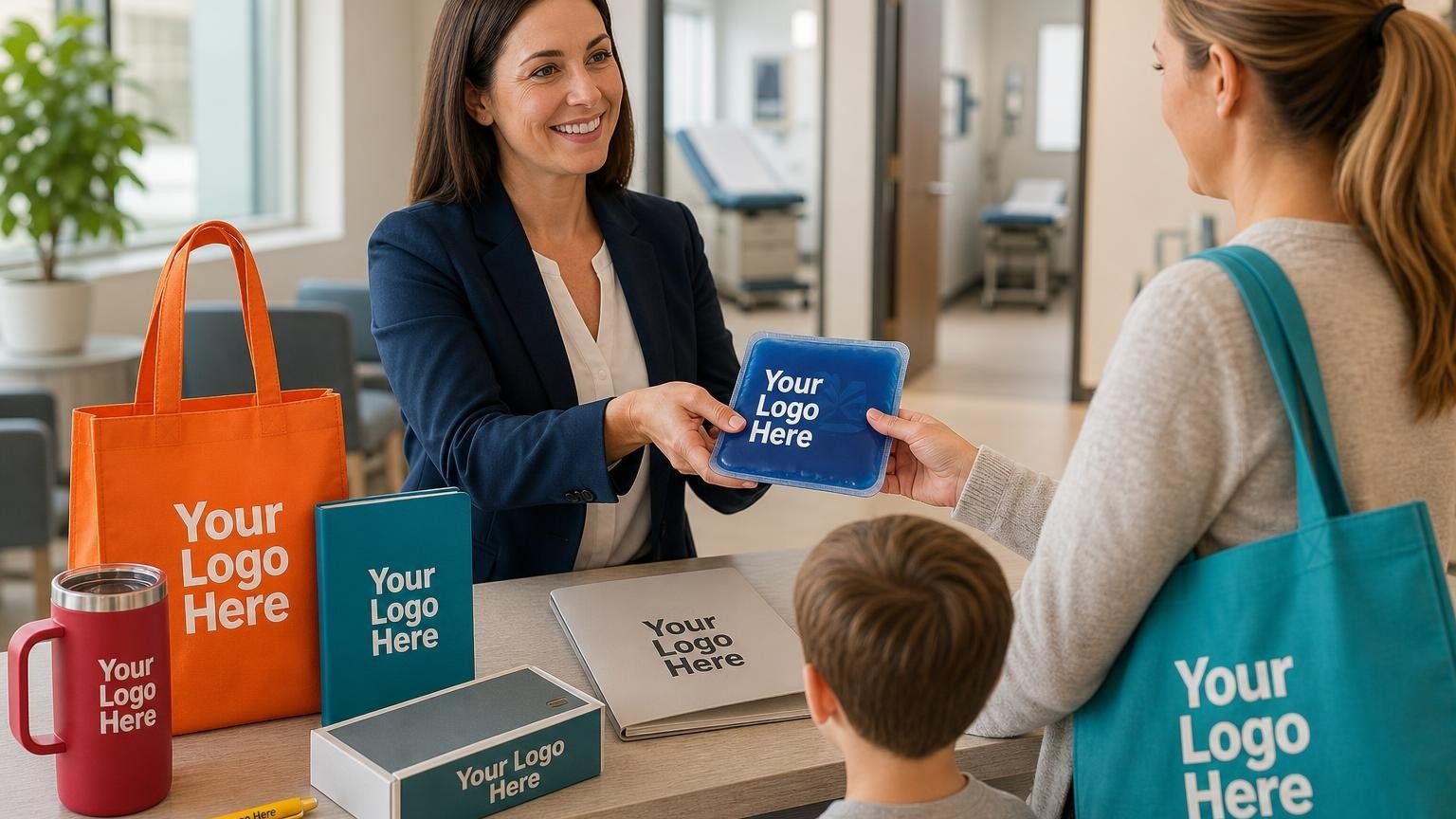 A custom gel hot-cold pack being handed to a parent in a modern urgent care clinic lobby, highlighting a professional patient discharge workflow.