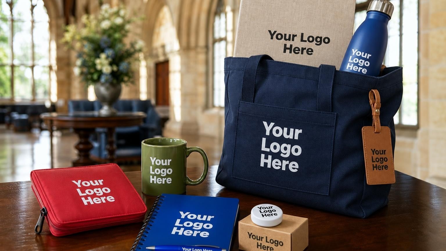 A high-end navy canvas welcome tote bag with a subtle debossed school crest sitting on a registration table in a historic private school lobby.