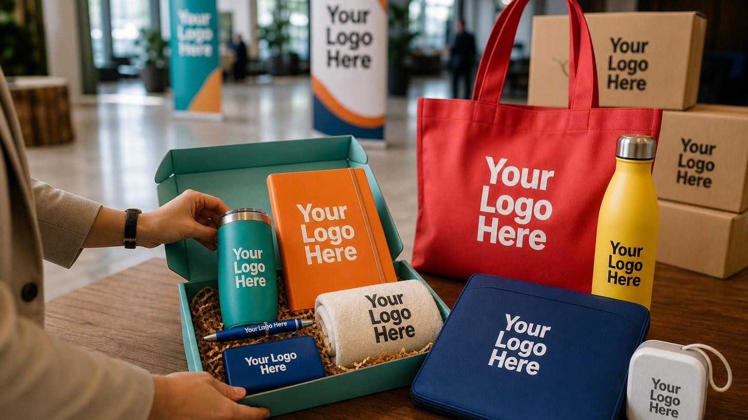 A high-quality matte black gift box containing a custom tumbler and multi-charging cable on a wooden table in a product launch staging area.