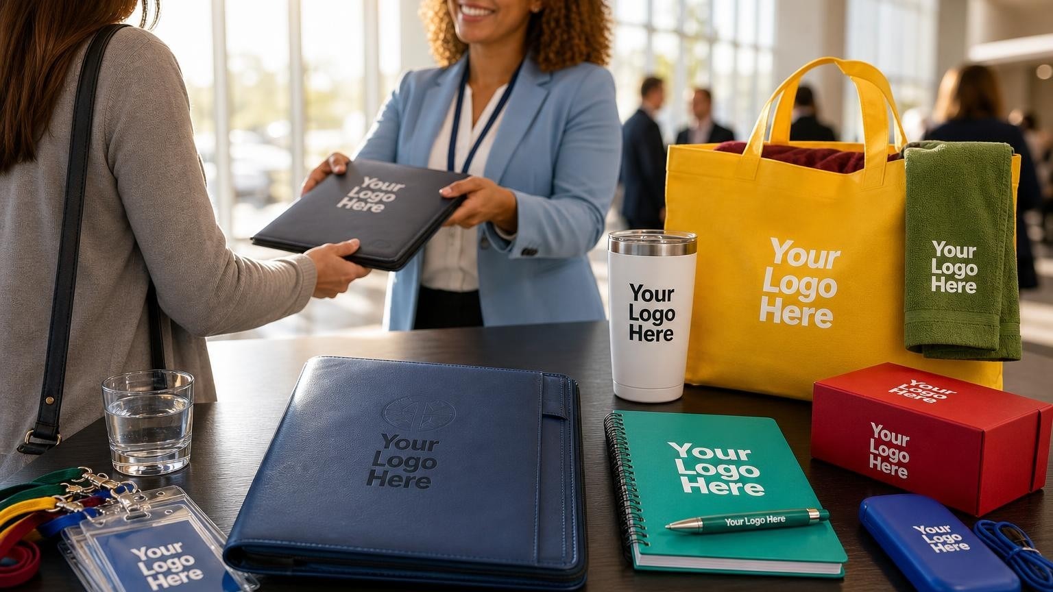 A professional conference registration desk featuring a high-quality debossed portfolio and badge holders being handed to an attendee.