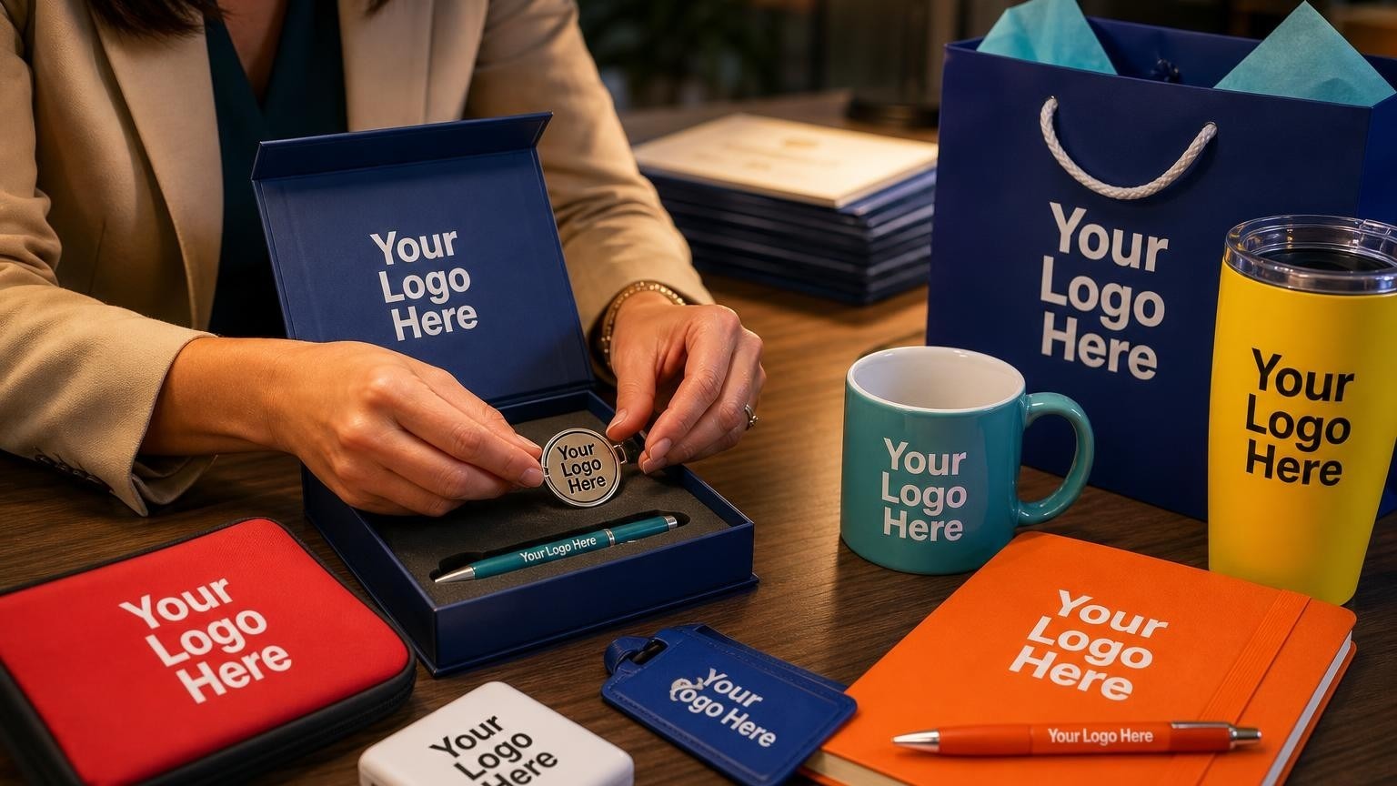 A custom presentation box containing a metal lapel pin and executive pen being prepared by a credentialing director on an office desk.