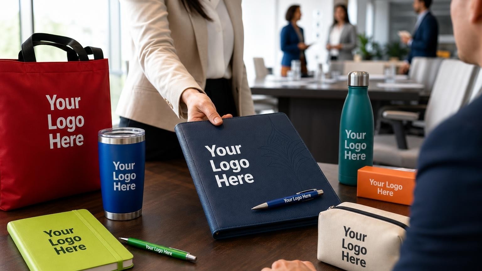 A navy blue structured portfolio with a subtle debossed emblem on a boardroom table during a professional meeting site inspection.