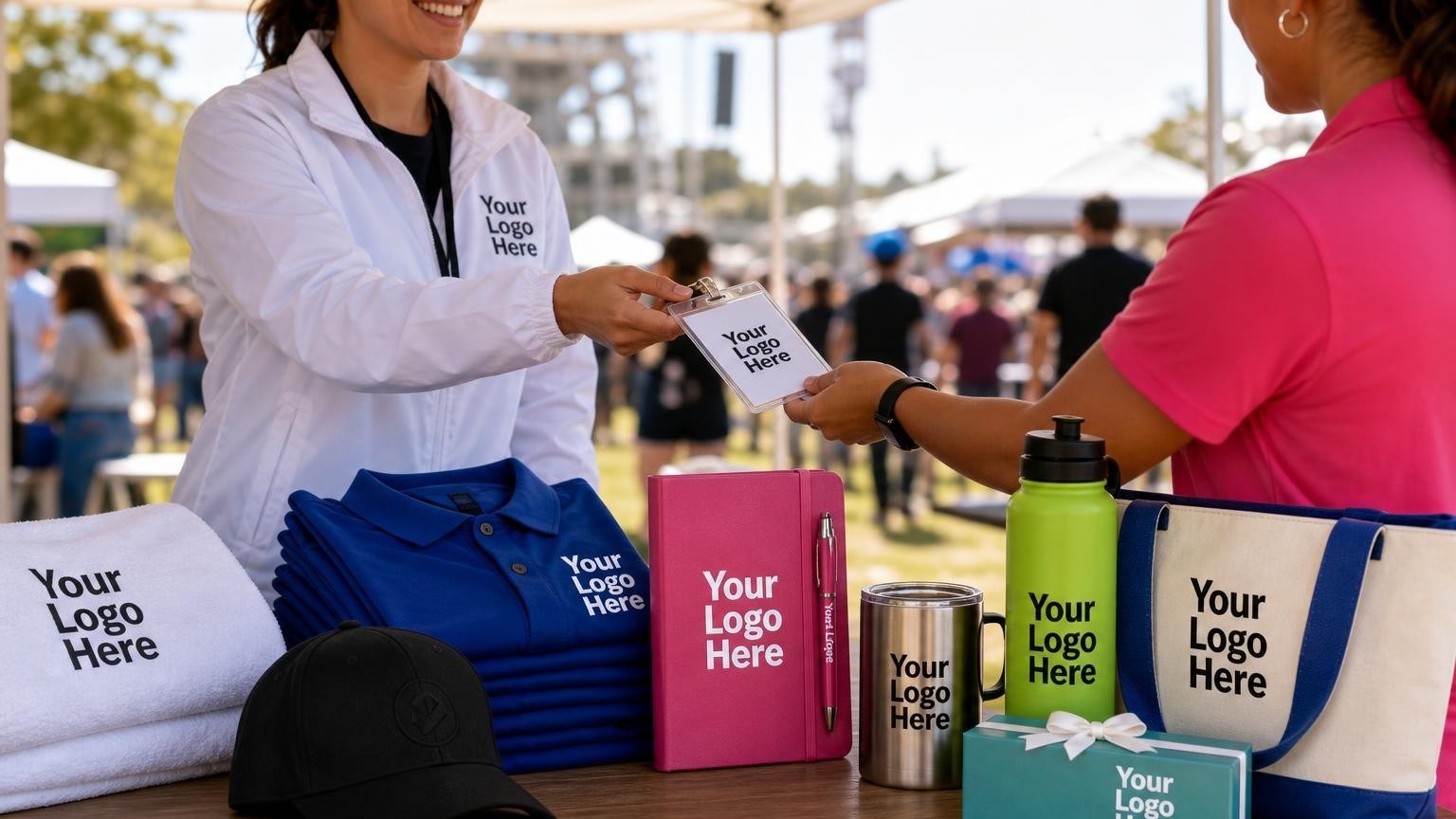 A professional brand ambassador uniform kit being prepared at an outdoor event check-in tent.