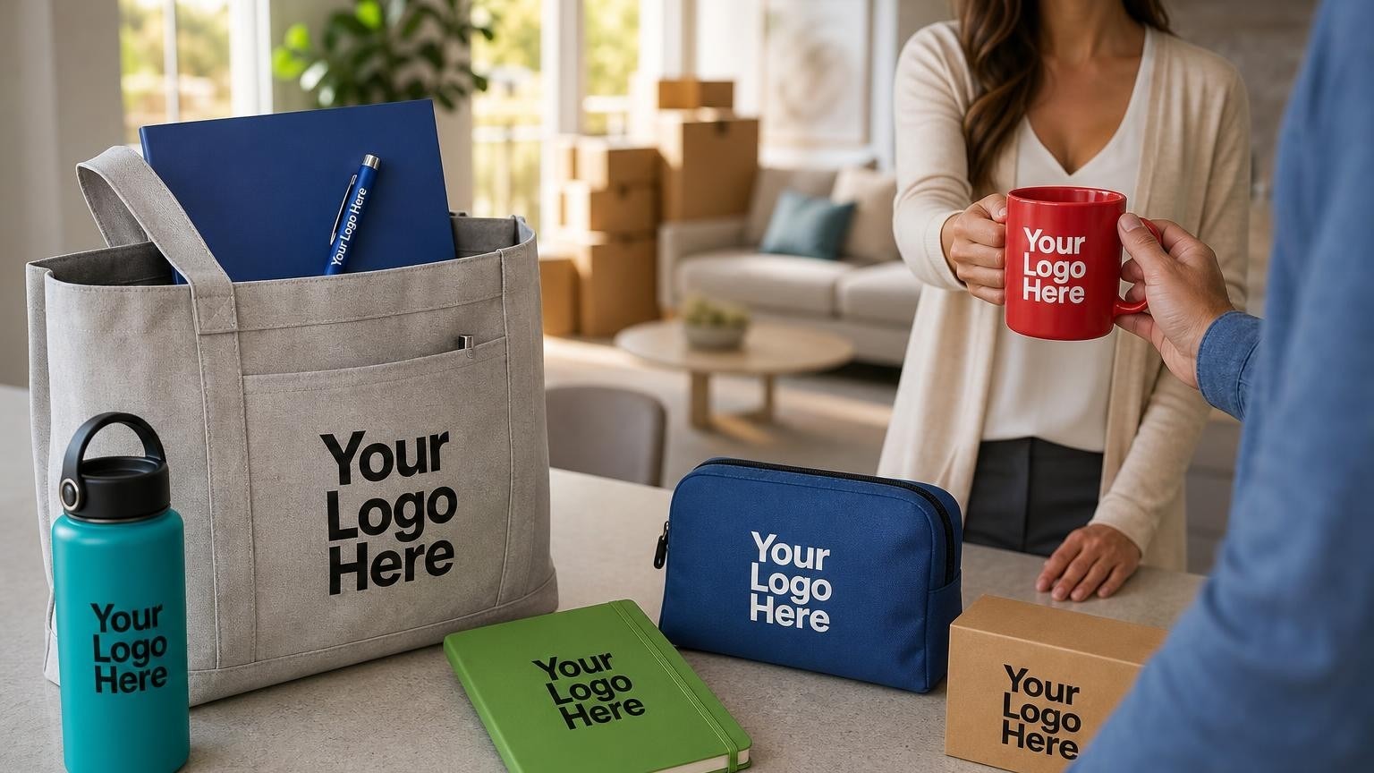 A custom canvas welcome tote bag containing a metal pen and welcome folder sits on a clean apartment kitchen counter, with a softly blurred living room in the background.