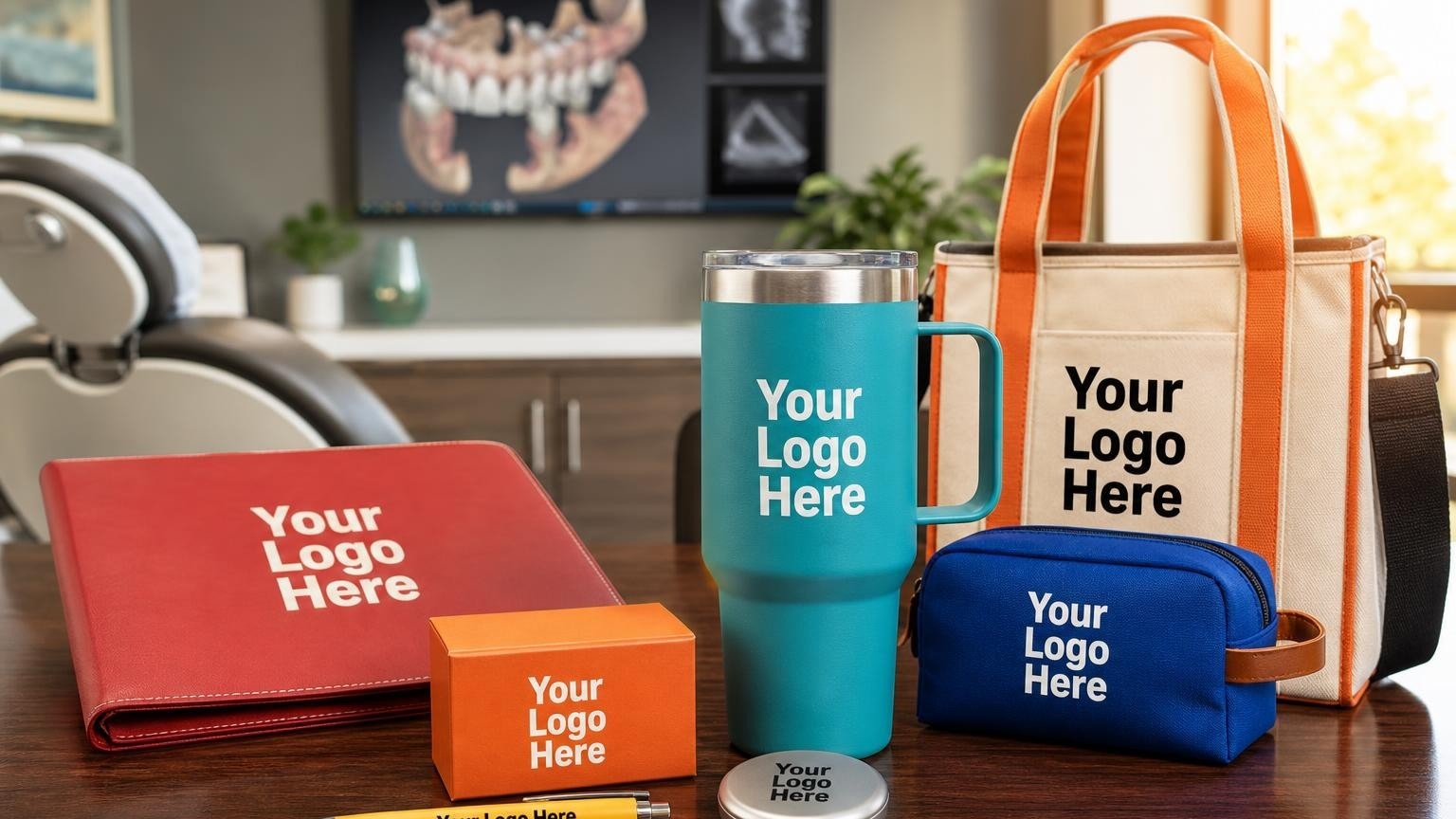 A premium custom-branded clinical thank-you gift set on a polished desk in a modern prosthodontic office.
