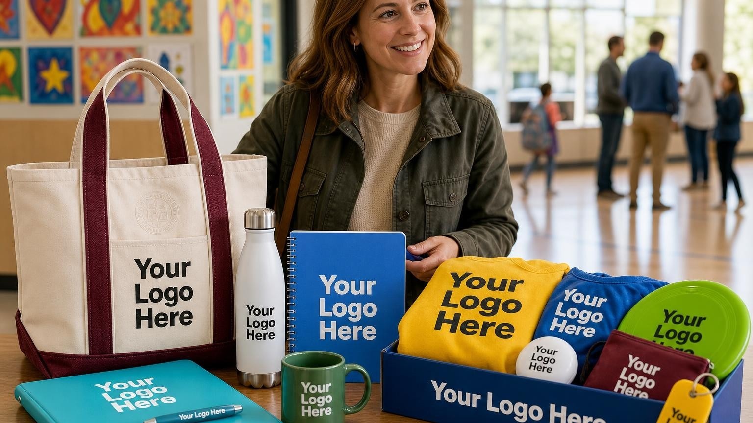 A custom canvas tote bag on a volunteer registration table in a school gymnasium lobby.