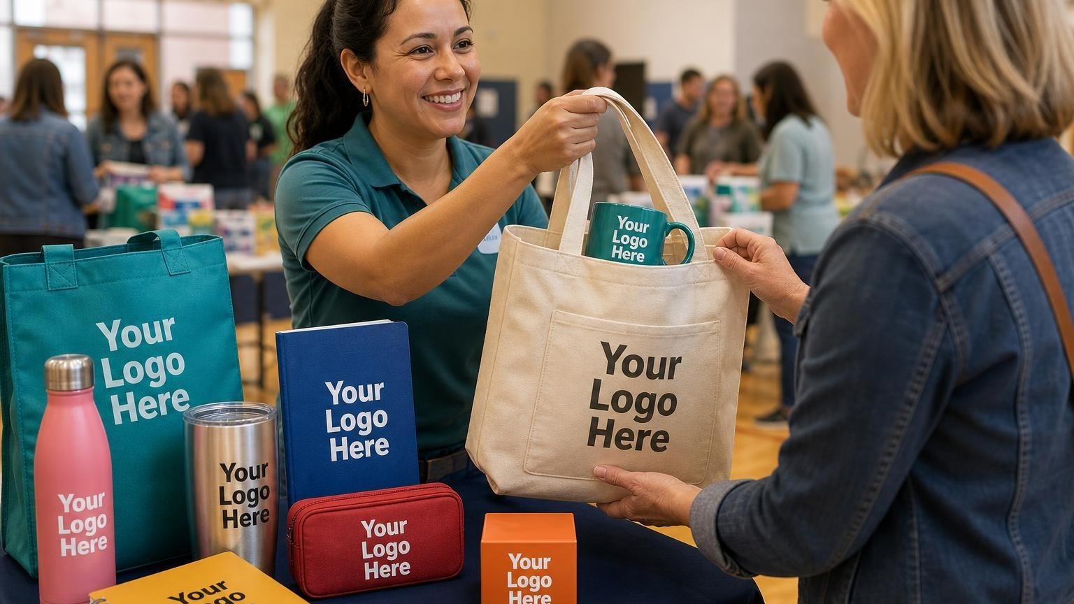 A durable canvas tote bag with a subtle debossed school mascot emblem being handed to a parent at a back-to-school night event.