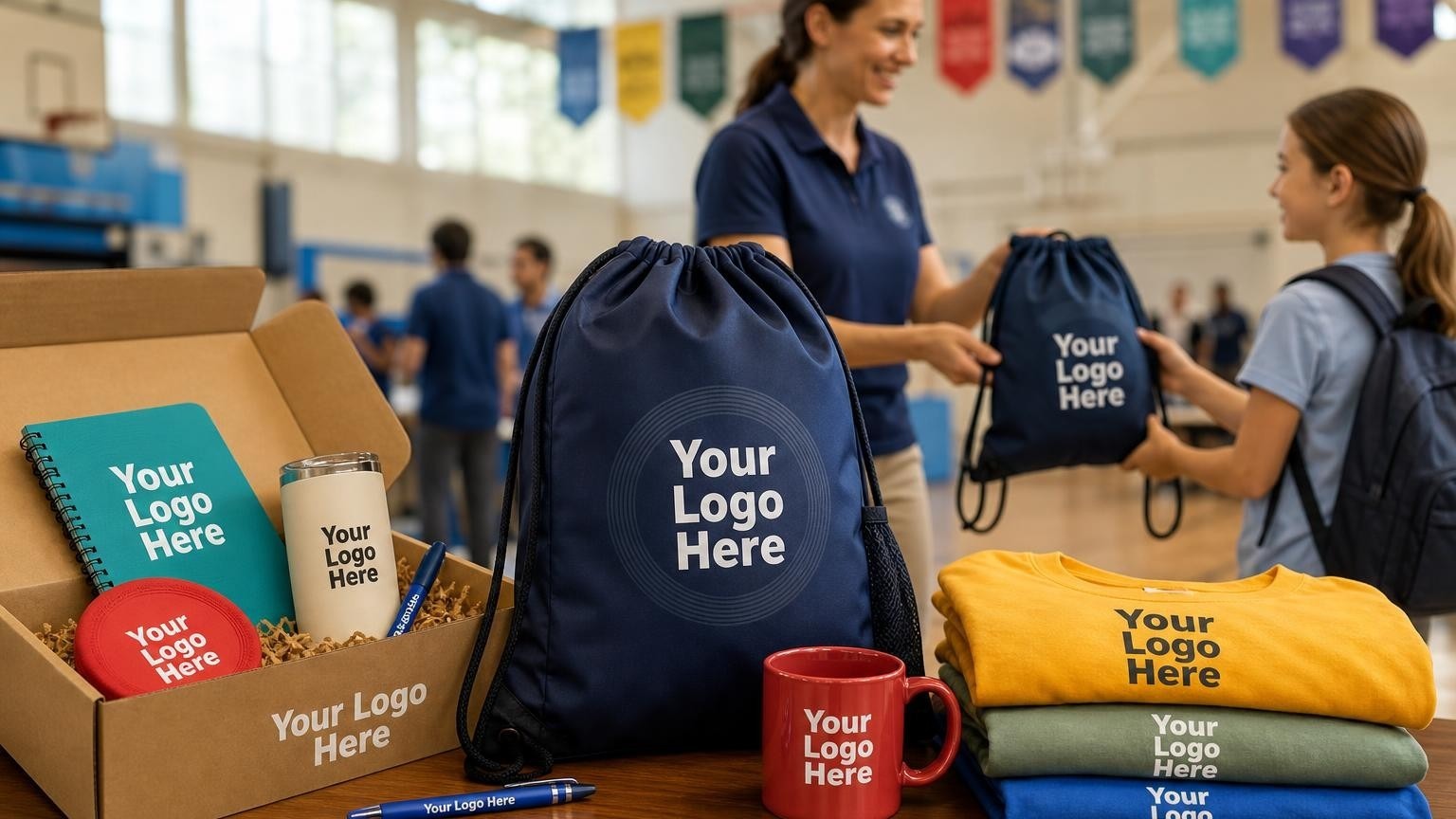 A custom navy drawstring bag rests on a registration table in a school gymnasium as a parent volunteer hands a bag to a student in the background.
