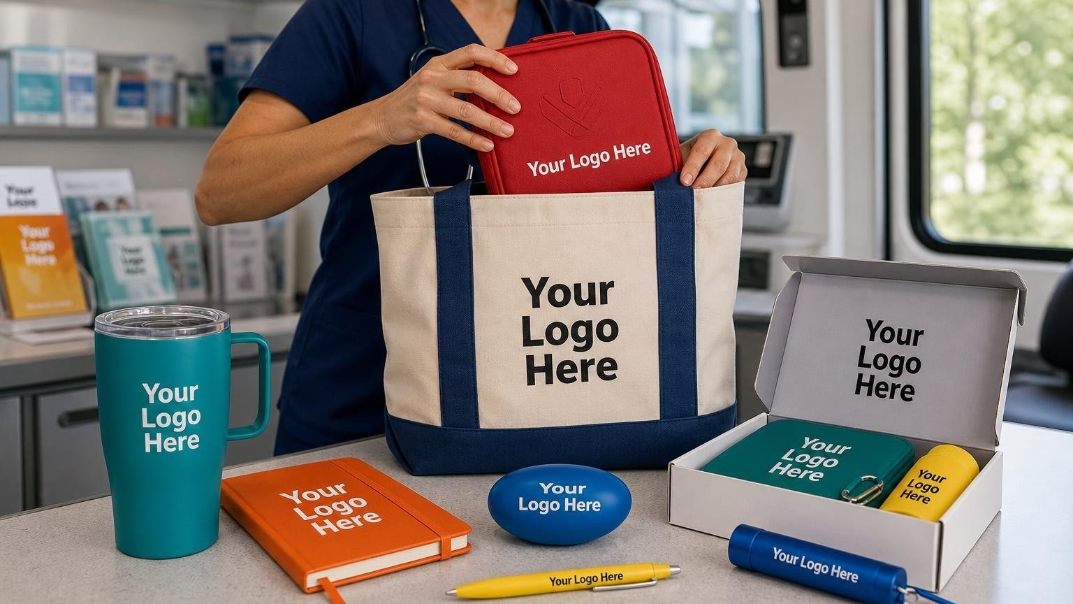 A custom first-aid kit with a subtle debossed emblem sits on a counter inside a mobile health clinic van while a nurse packs a canvas tote bag.