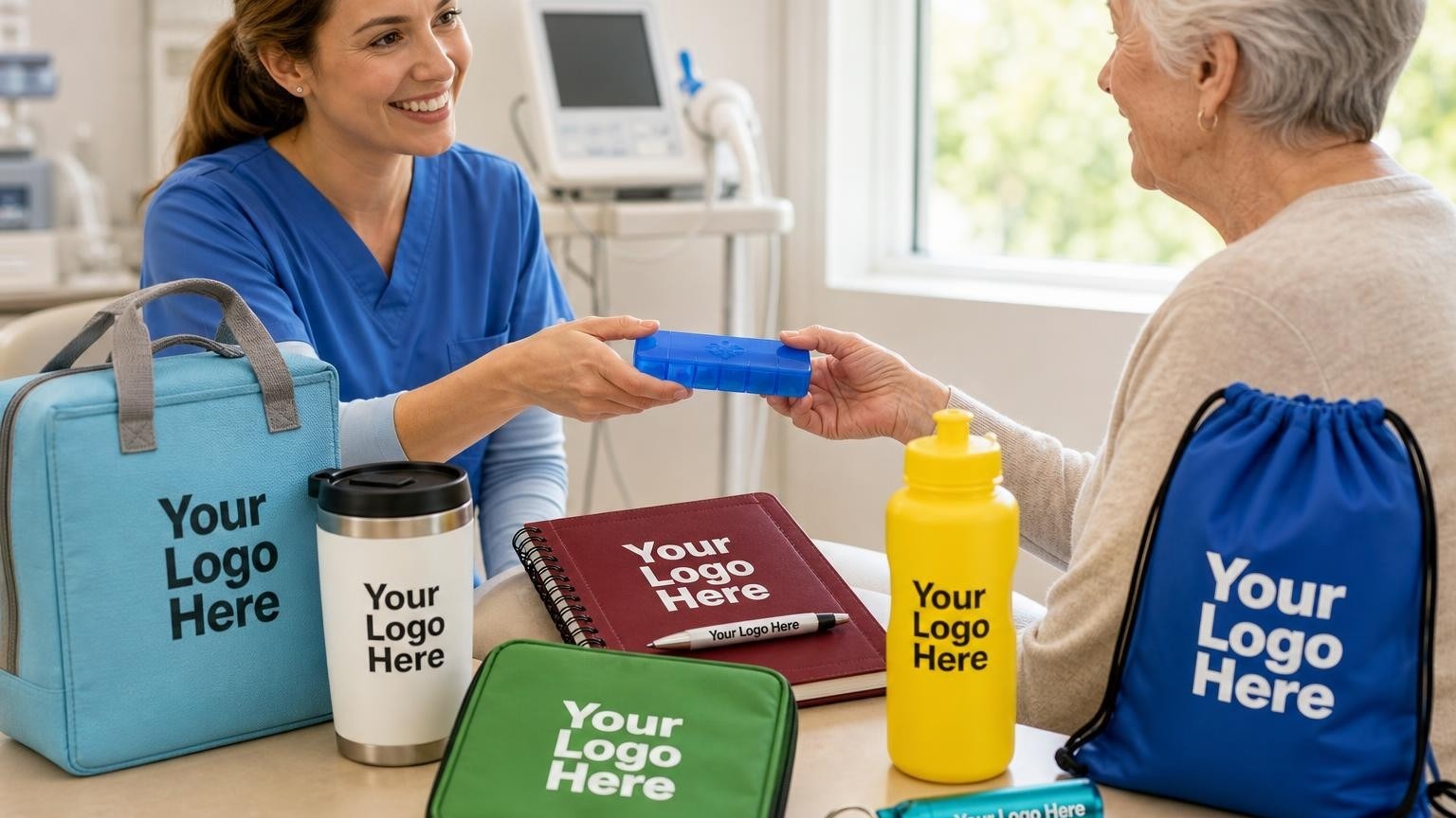 A respiratory therapist hands a custom weekly pill organizer to an elderly patient in a pulmonology clinic exam room.