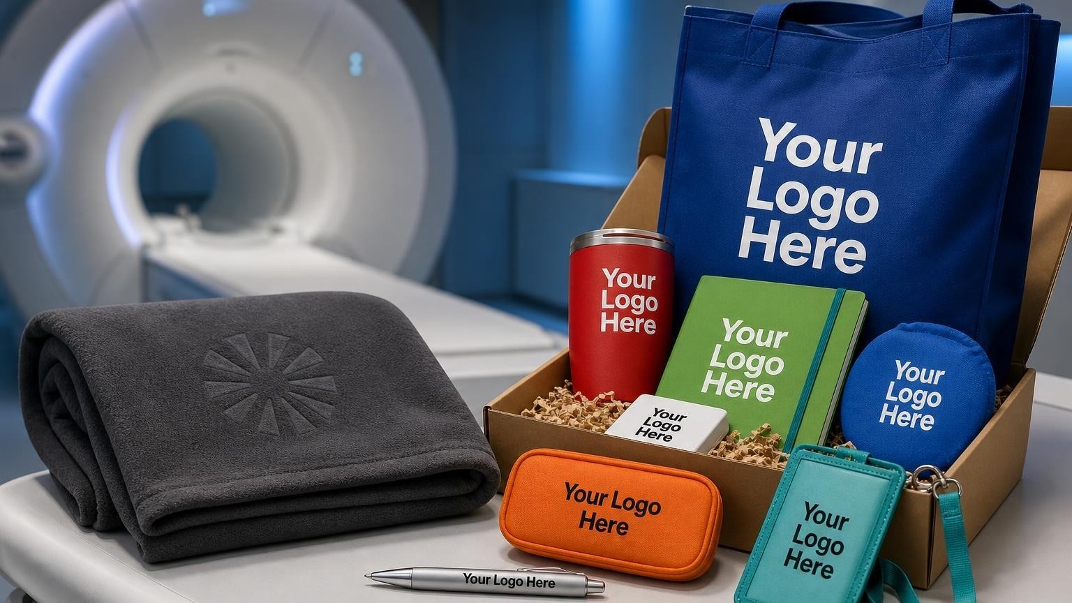 A custom branded fleece blanket folded neatly on an examination table in a modern MRI suite, ready for patient comfort.