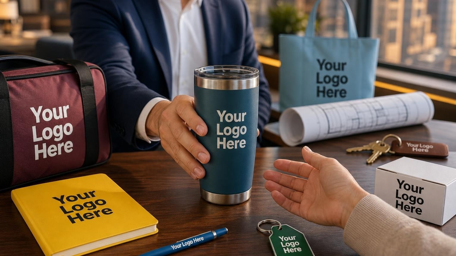 A custom matte-black insulated travel tumbler with a subtle debossed emblem being handed to a client on a polished wood desk inside a modern real estate brokerage office.