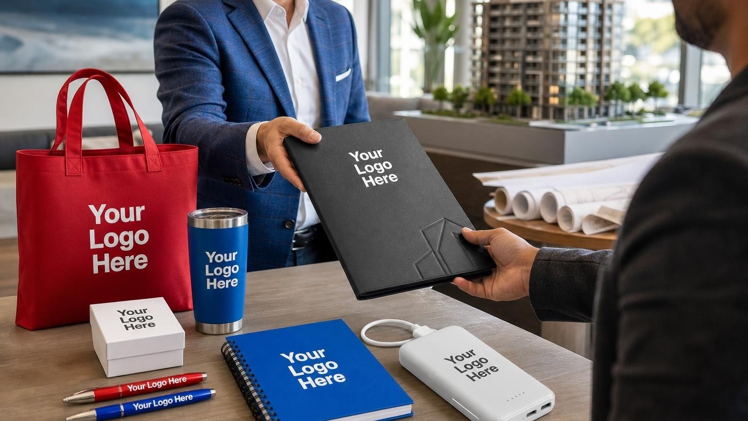 A premium dark charcoal document portfolio being handed to an investor in a real estate development sales office, showing rolled blueprints and a building model in the background.